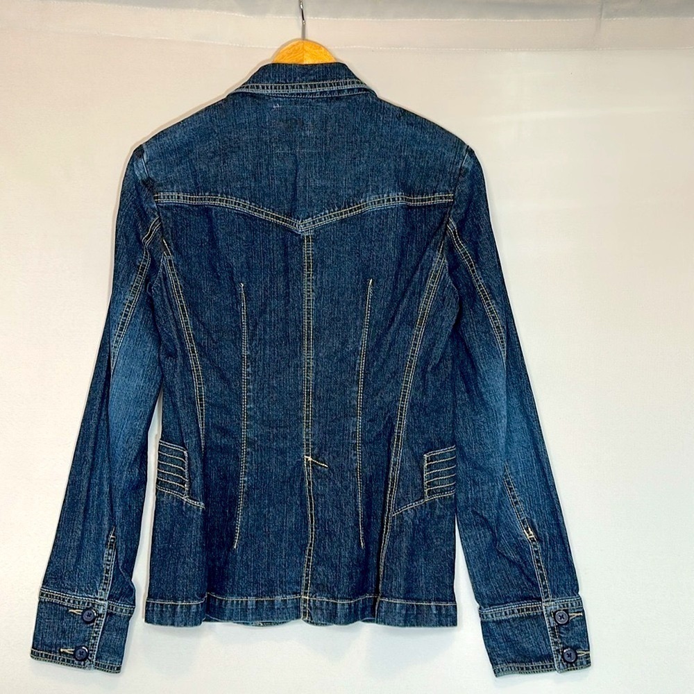 Azur Womens Size M Denim Jacket Blazer Coat Buttons Pockets Stitched Stretchy - Picture 14 of 14